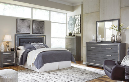 Lodanna Queen/Full Upholstered Panel Headboard Bed with Mirrored Dresser, Chest and 2 Nightstands in Gray from Ashley - Luna Furniture