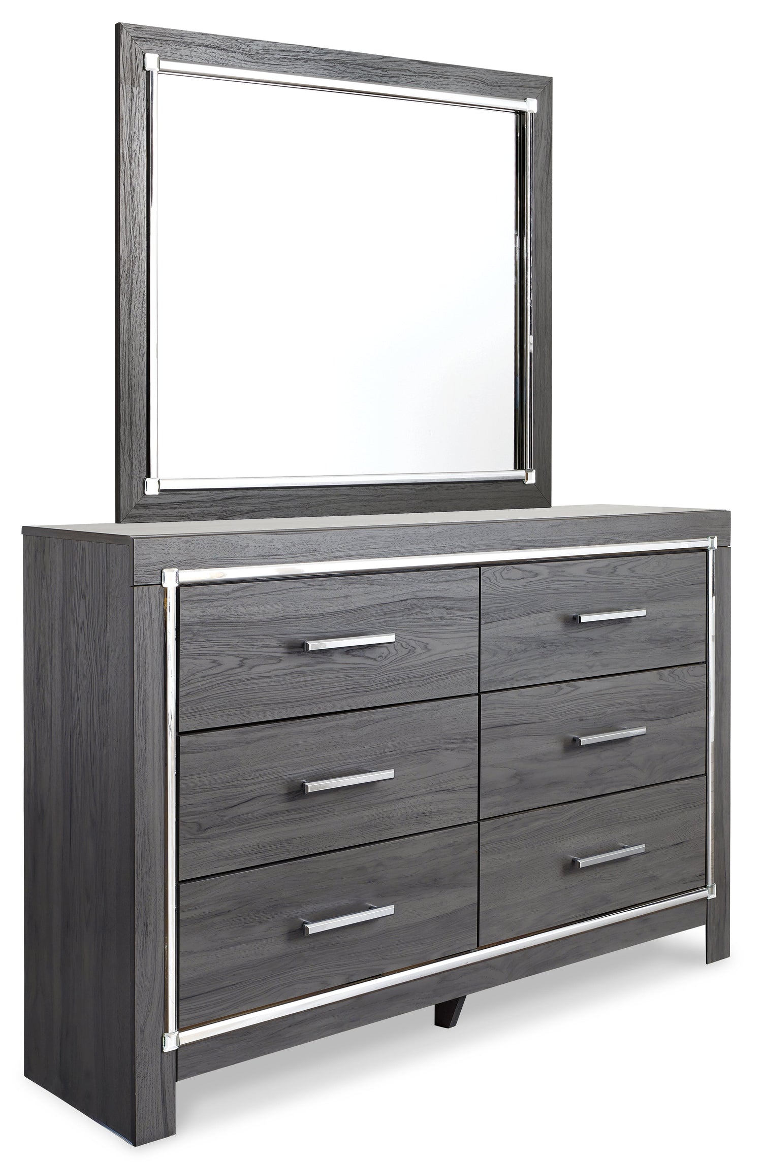 Lodanna Queen/Full Upholstered Panel Headboard Bed with Mirrored Dresser, Chest and 2 Nightstands in Gray from Ashley - Luna Furniture