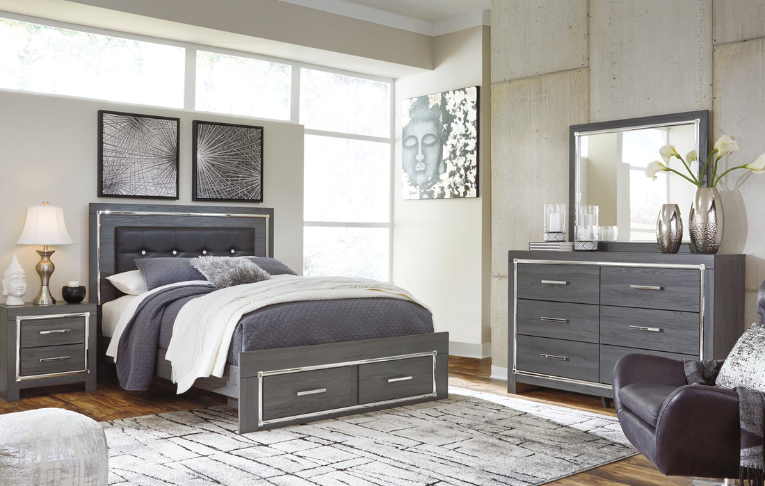 Lodanna Queen Panel Bed with 2 Storage Drawers with Mirrored Dresser and 2 Nightstands in Gray from Ashley - Luna Furniture