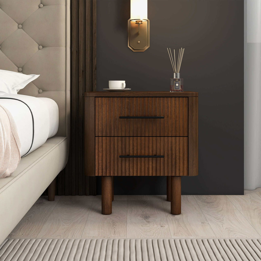 Logan Mid Century Modern Walnut Nightstand Bed Side Tables With 2 Drawers - NST00700501