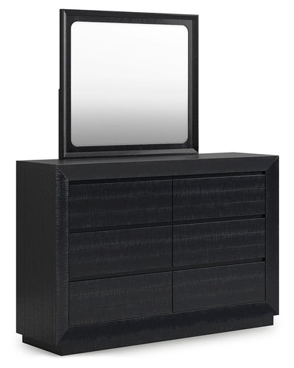 Londer King Panel Bed with Mirrored Dresser in Black from Ashley - Luna Furniture