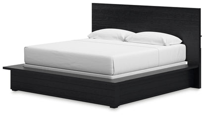 Londer King Panel Bed with Mirrored Dresser in Black from Ashley - Luna Furniture