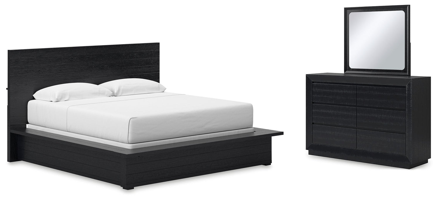 Londer King Panel Bed with Mirrored Dresser in Black from Ashley - Luna Furniture