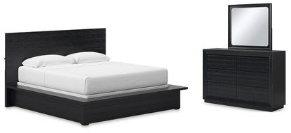 Londer King Panel Bed with Mirrored Dresser in Black from Ashley - Luna Furniture