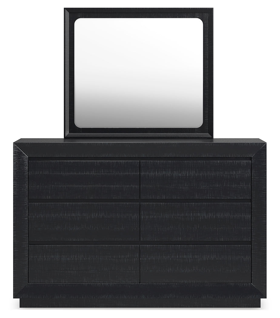 Londer King Panel Bed with Mirrored Dresser in Black from Ashley - Luna Furniture