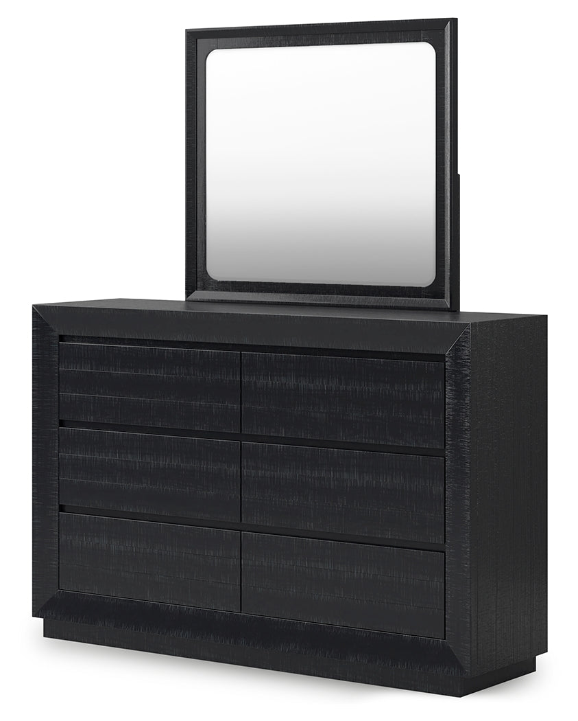 Londer King Panel Bed with Mirrored Dresser in Black from Ashley - Luna Furniture