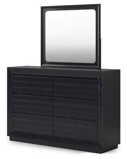 Londer King Panel Bed with Mirrored Dresser in Black from Ashley - Luna Furniture
