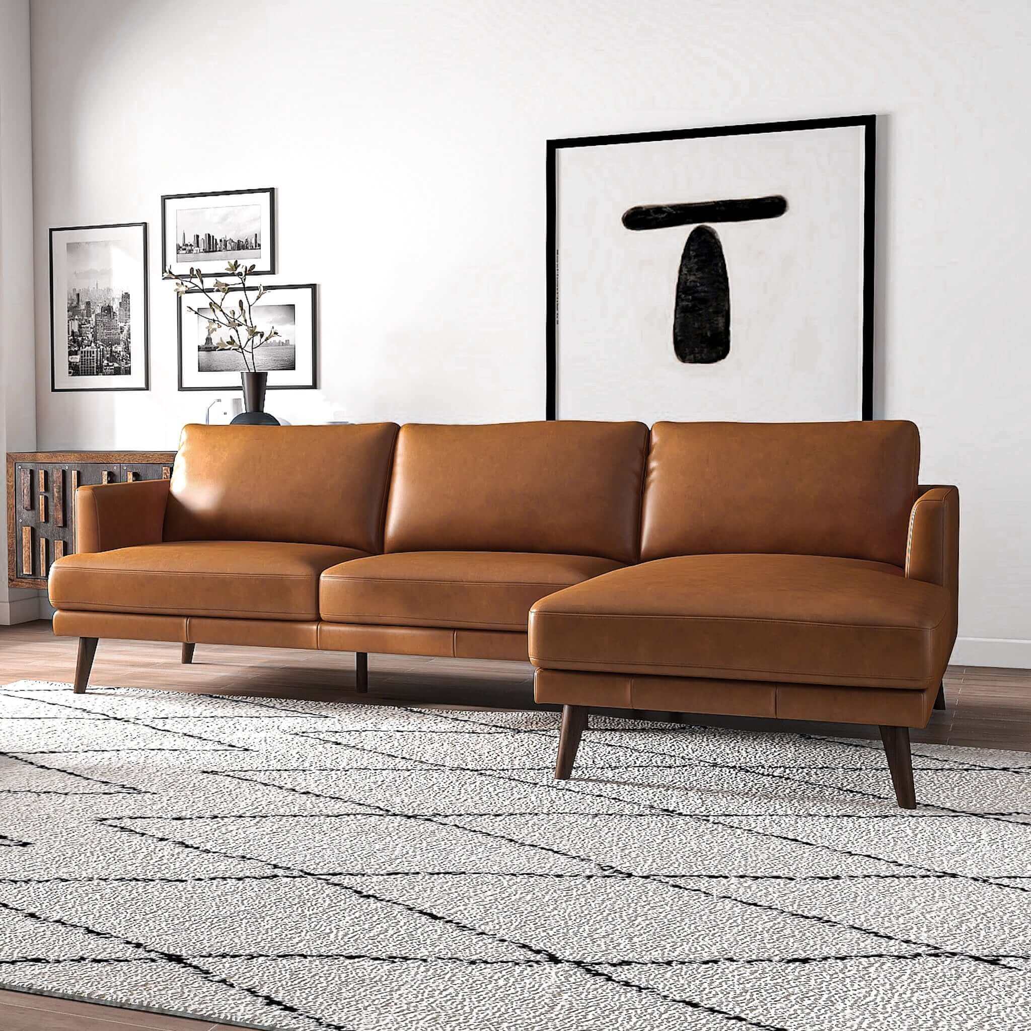Lore  L-Shaped Genuine Leather Sectional In Tan Right Facing - SEC00401302