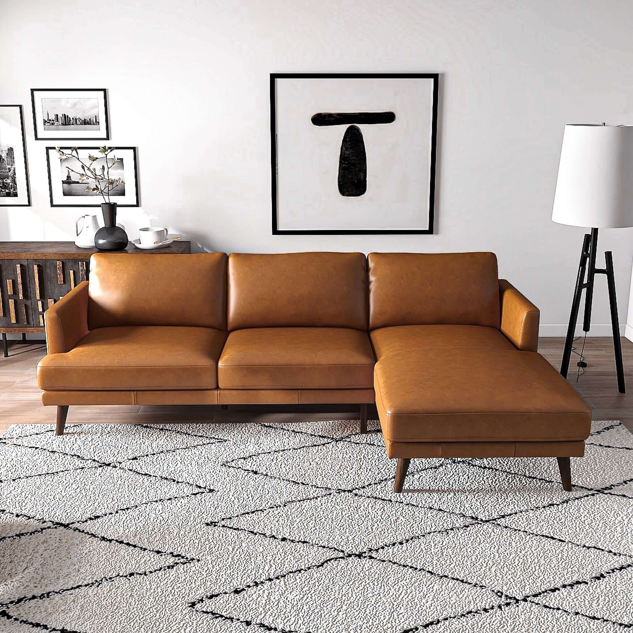 Lore  L-Shaped Genuine Leather Sectional In Tan Right Facing - SEC00401302