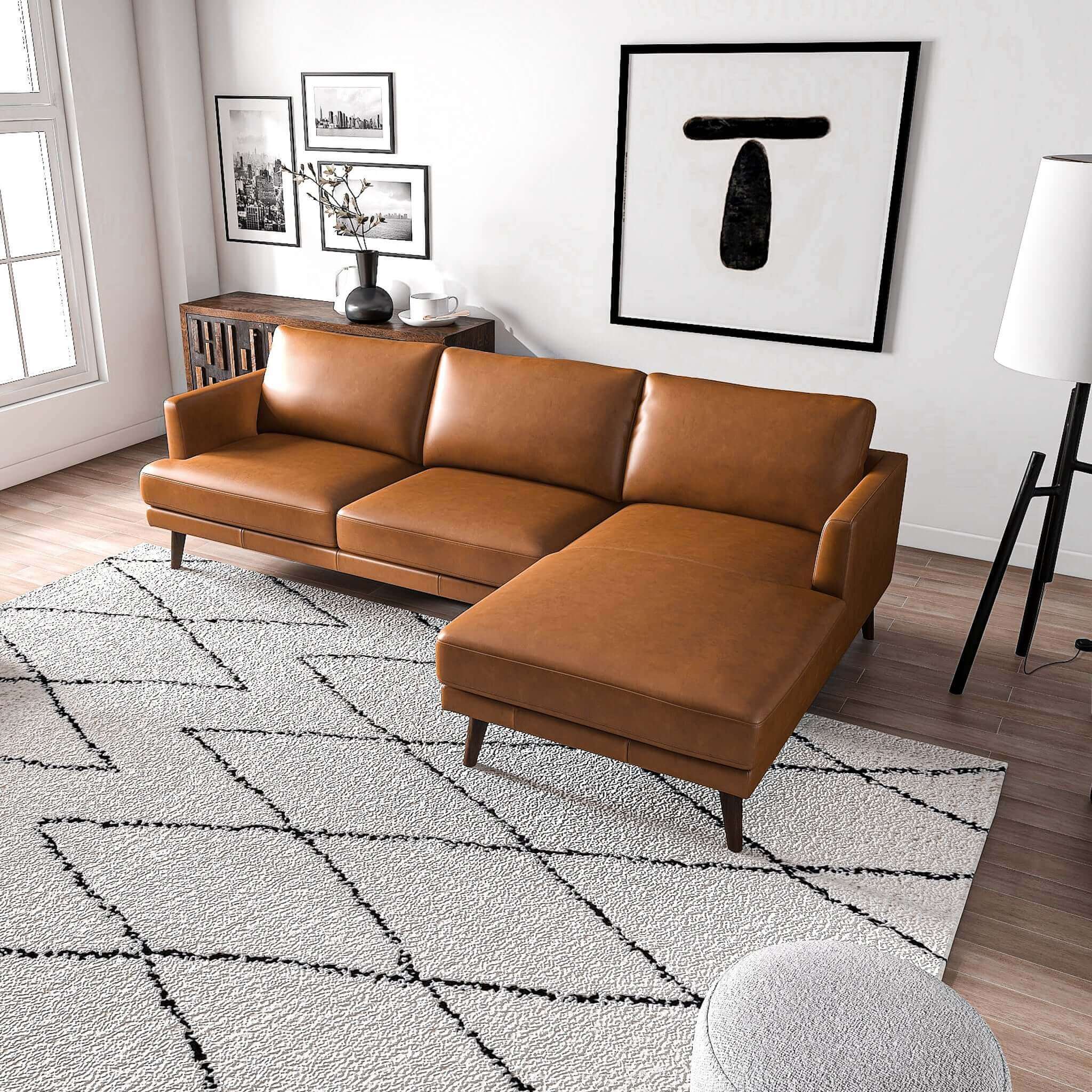Lore  L-Shaped Genuine Leather Sectional In Tan Right Facing - SEC00401302