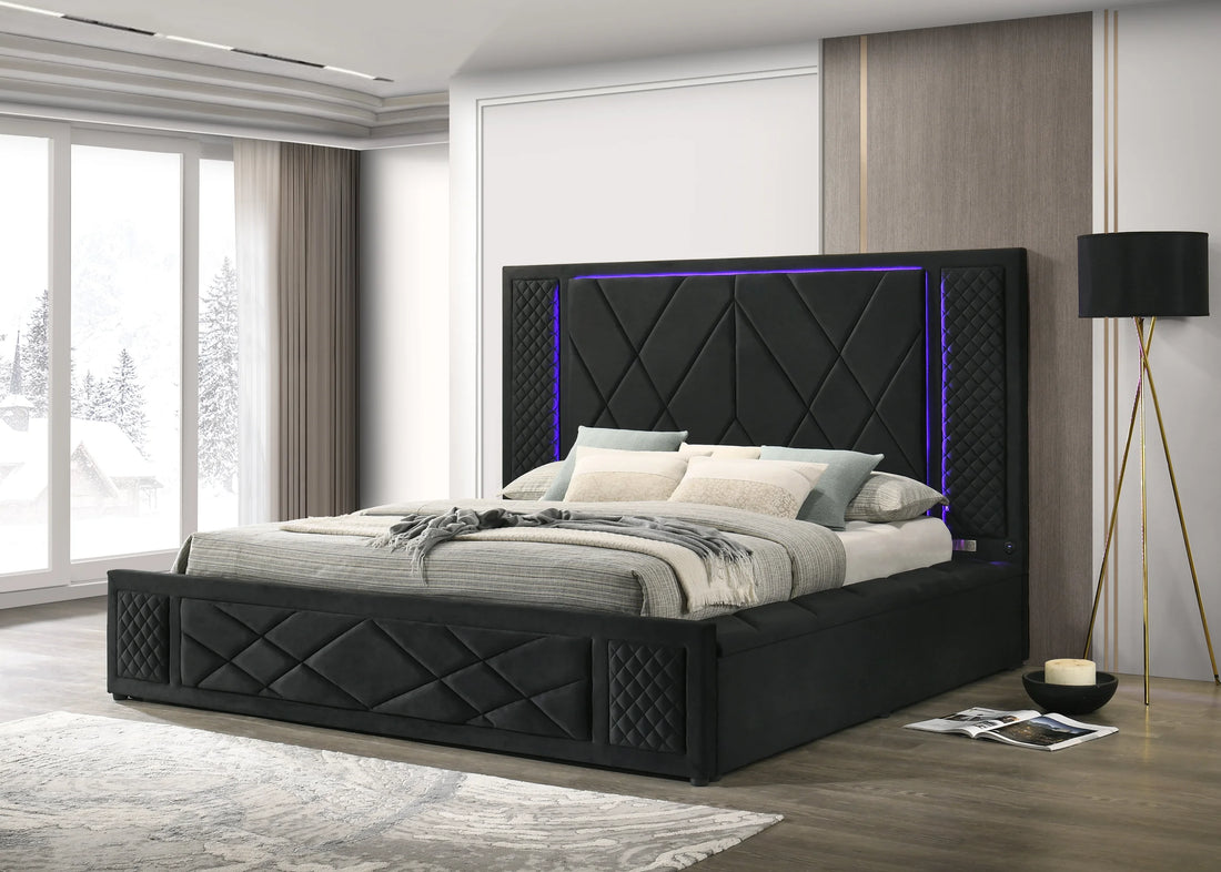 Lorenzo Black Platform Bed (w/ LED LIGHTS) - Queen, King *QUEEN - Lorenzo - Black QUEEN