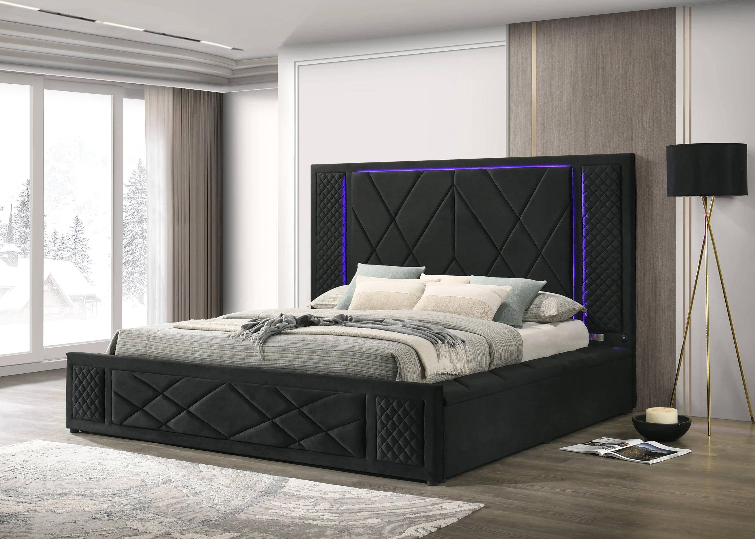 Lorenzo Black Platform Bed (w/ LED LIGHTS) - Queen, King *QUEEN - Lorenzo - Black QUEEN