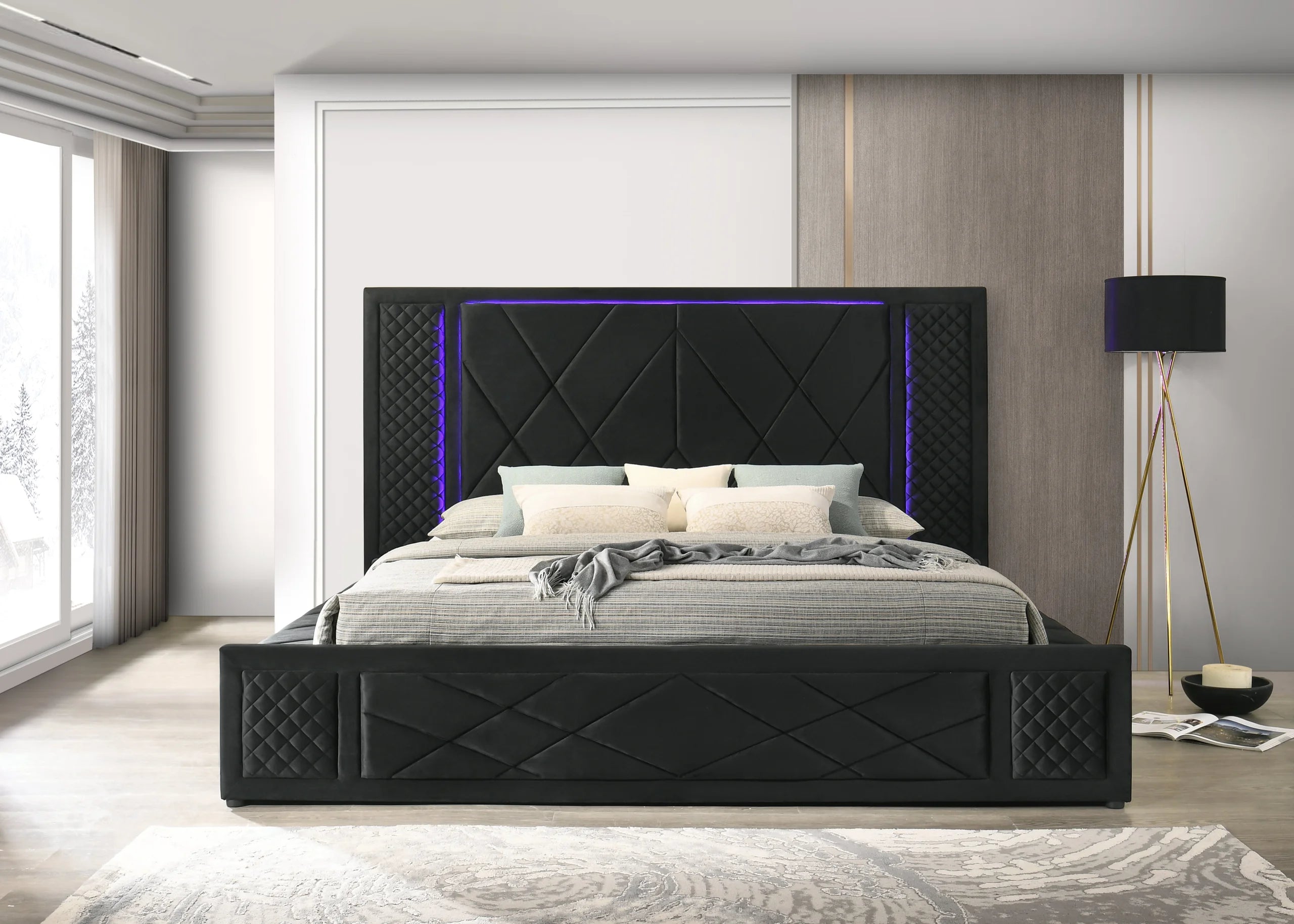 Lorenzo Black Platform Bed (w/ LED LIGHTS) - Queen, King *QUEEN - Lorenzo - Black QUEEN