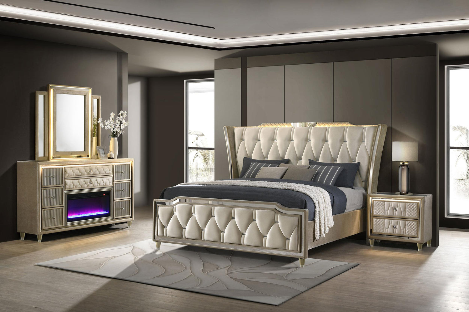 Lorient 4-piece Eastern King Bedroom Set Ivory and Camel - 222661KE-S4B
