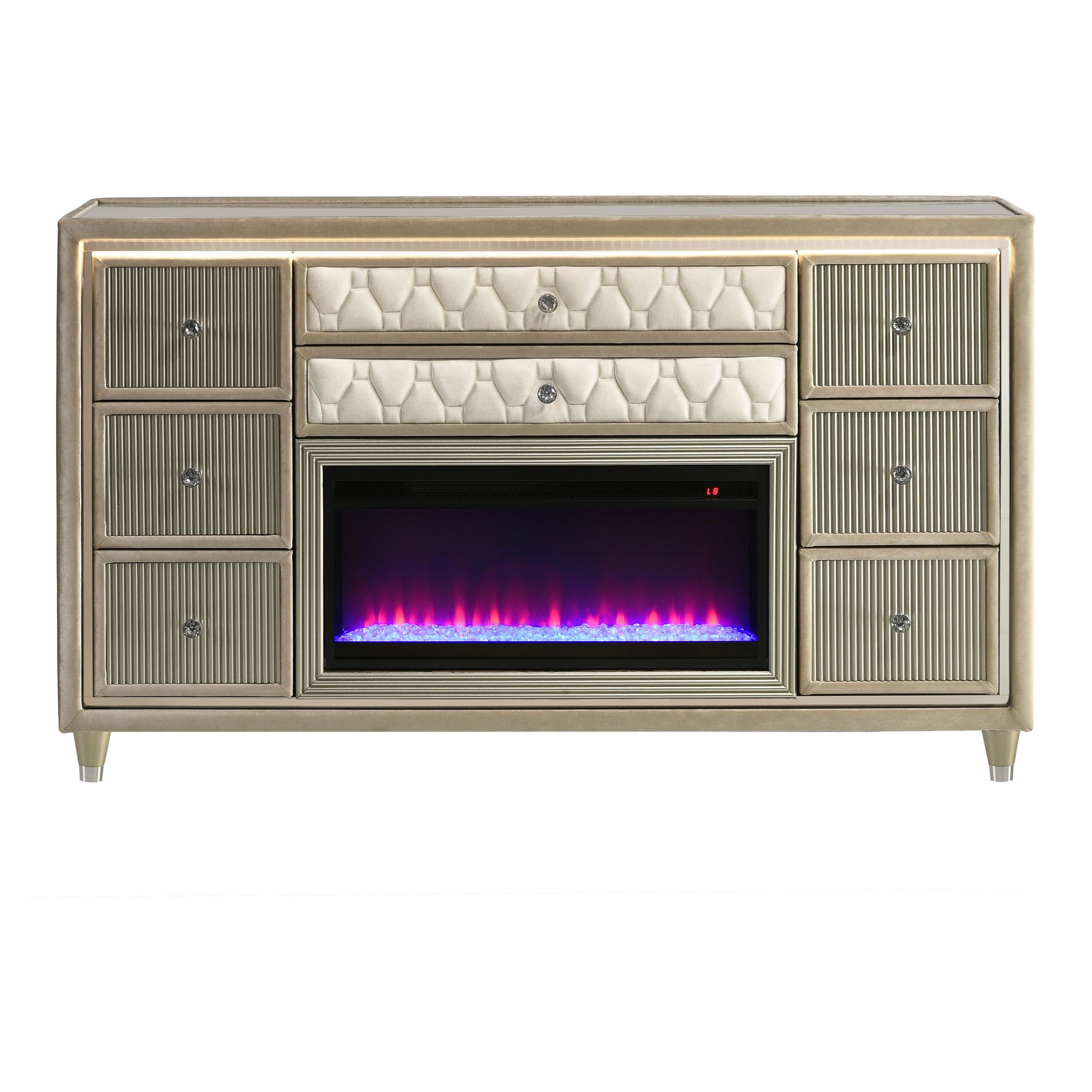Lorient 8-drawer LED Bedroom Flame Box Dresser Ivory Camel - 222663FB
