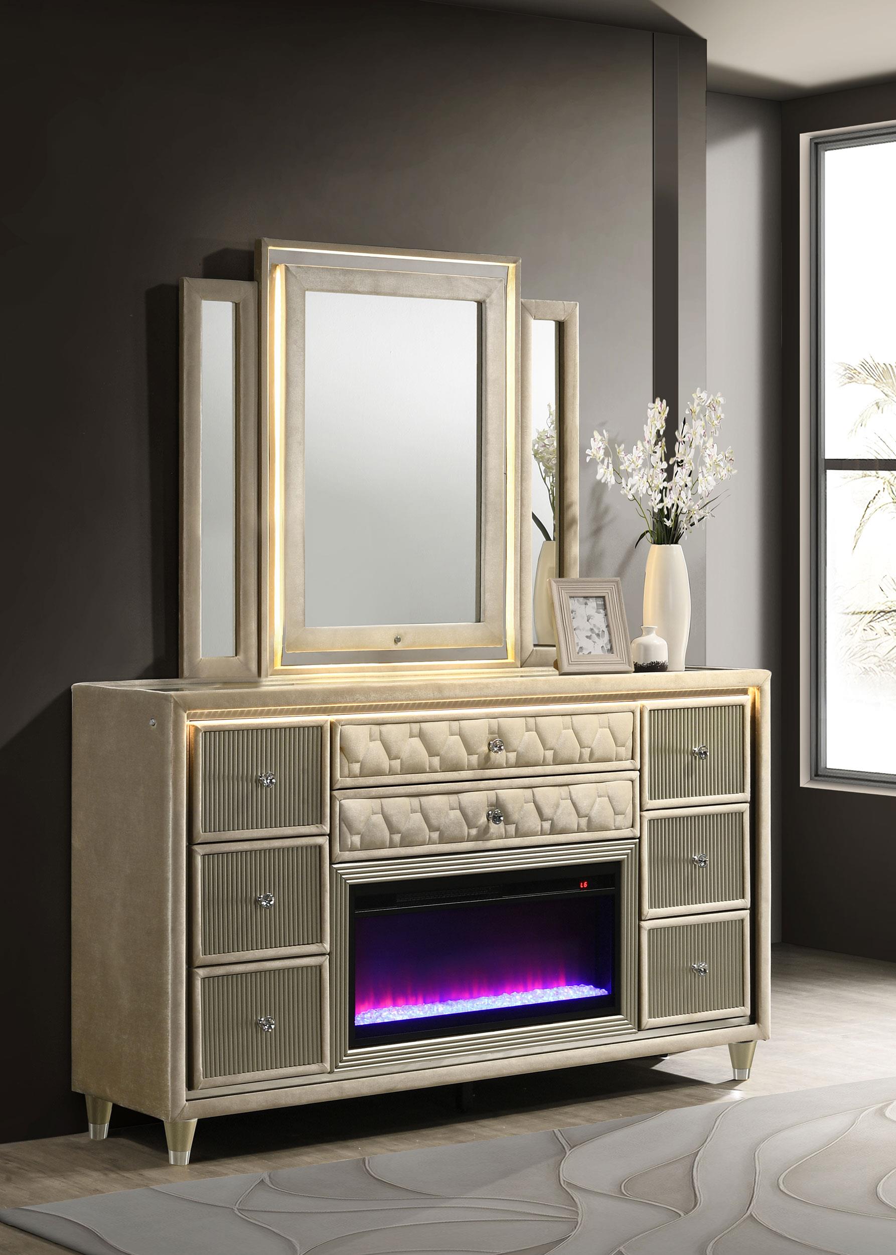 Lorient 8-drawer LED Flame Box Dresser and Mirror Ivory Camel - 222663FBM