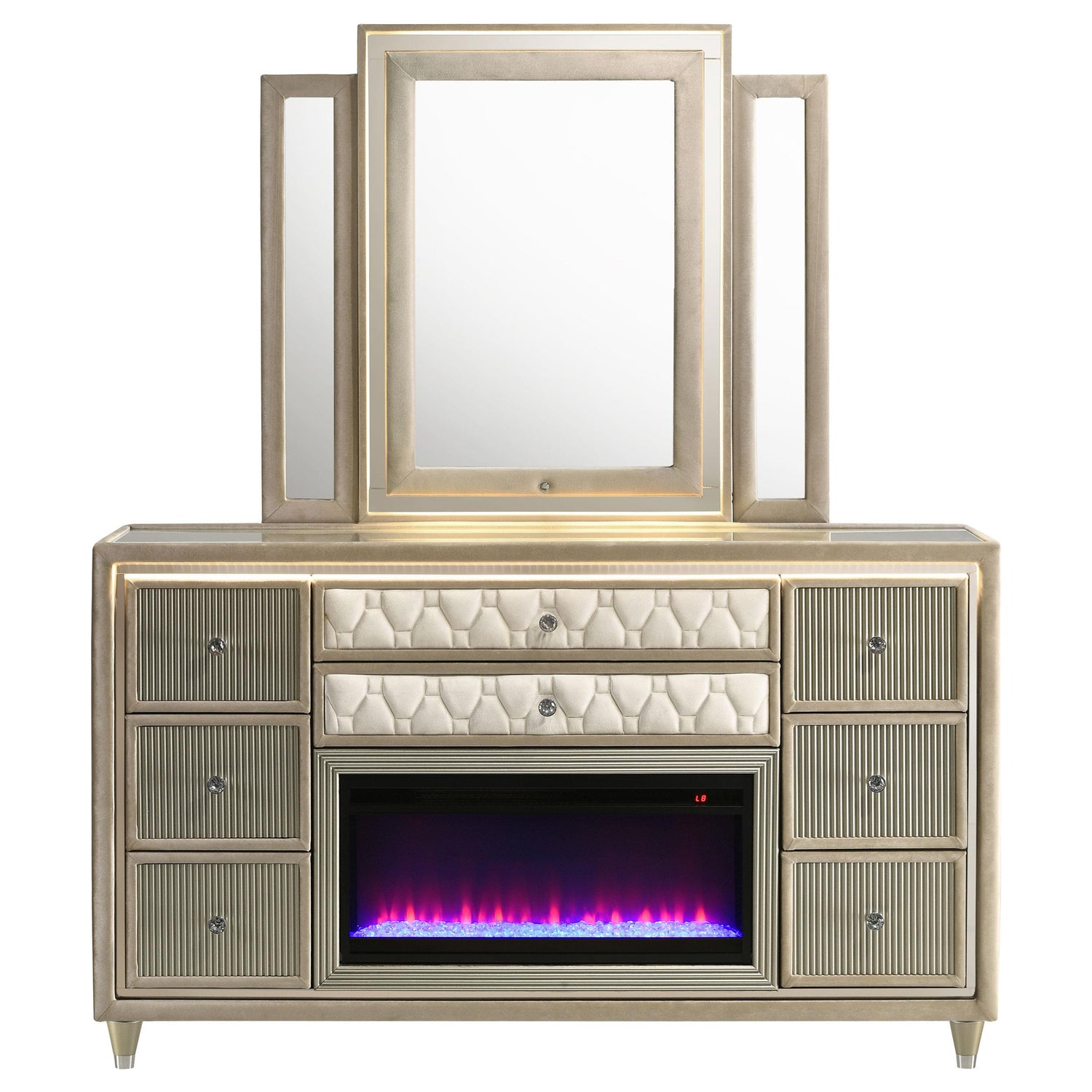 Lorient 8-drawer LED Flame Box Dresser and Mirror Ivory Camel - 222663FBM