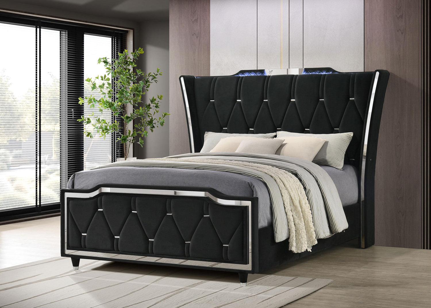 Lorient Queen LED Upholstered Wingback Bed Black - 223161Q