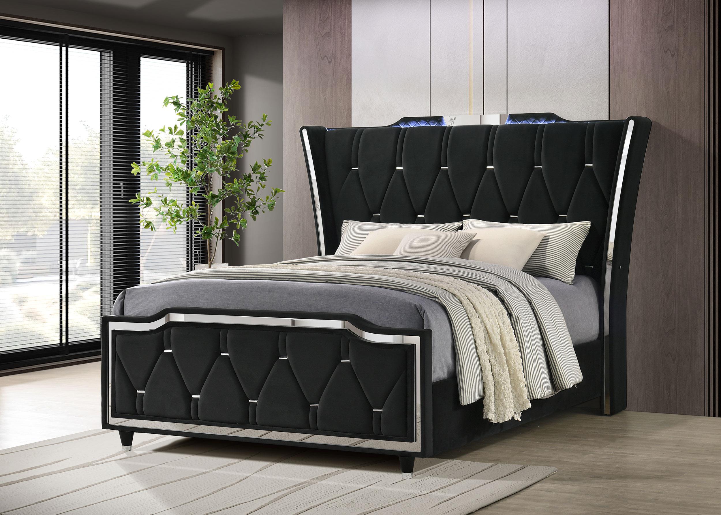 Lorient Queen LED Upholstered Wingback Bed Black - 223161Q