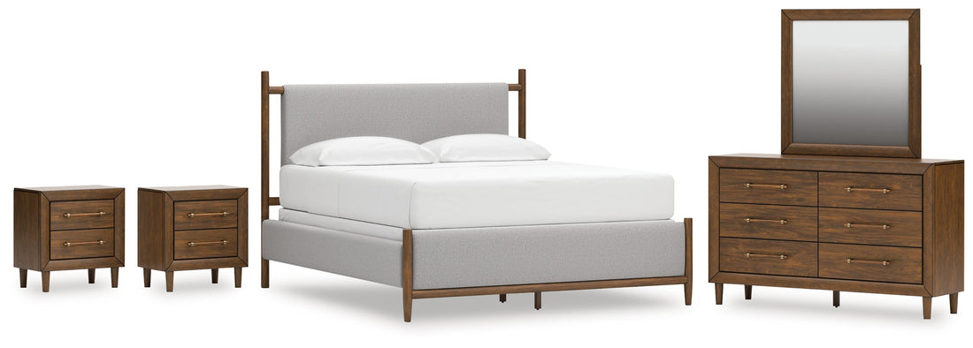 Lyncott California King Upholstered Bed with Mirrored Dresser and 2 Nightstands in Brown from Ashley - Luna Furniture