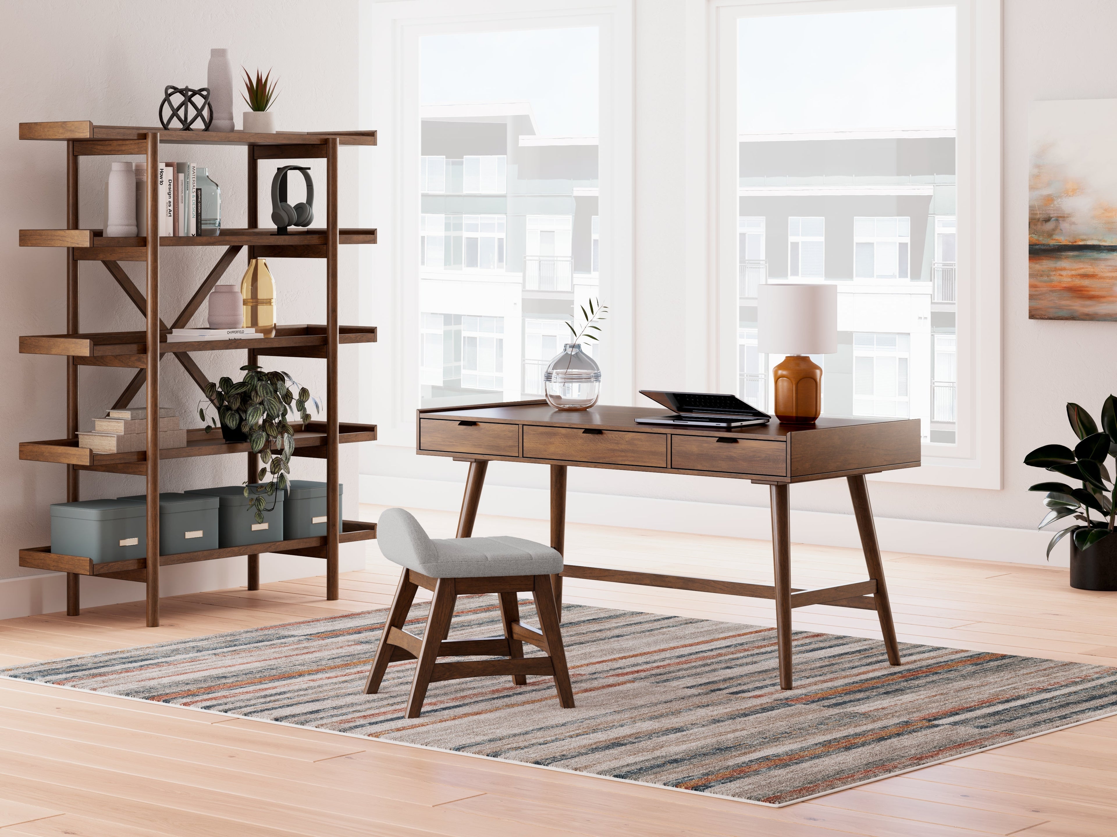 Lyncott Home Office Desk with Chair and Storage in Brown - PKG018521