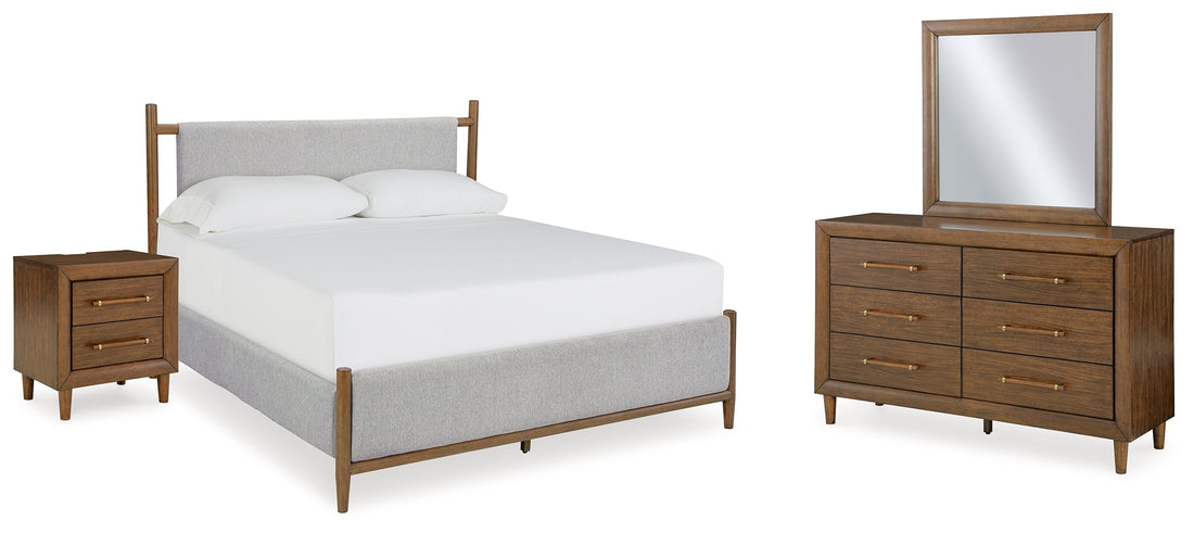Lyncott Queen Upholstered Bed with Mirrored Dresser and Nightstand in Brown from Ashley - Luna Furniture