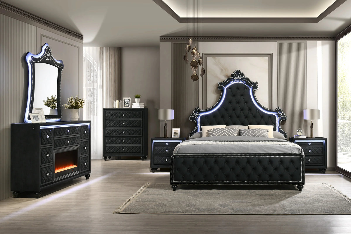 Majesty2 Black 4PC or 5PC Set - Queen, King *Extra Nightstands - Majesty2 Black Bedroom Set Extra Nightstands