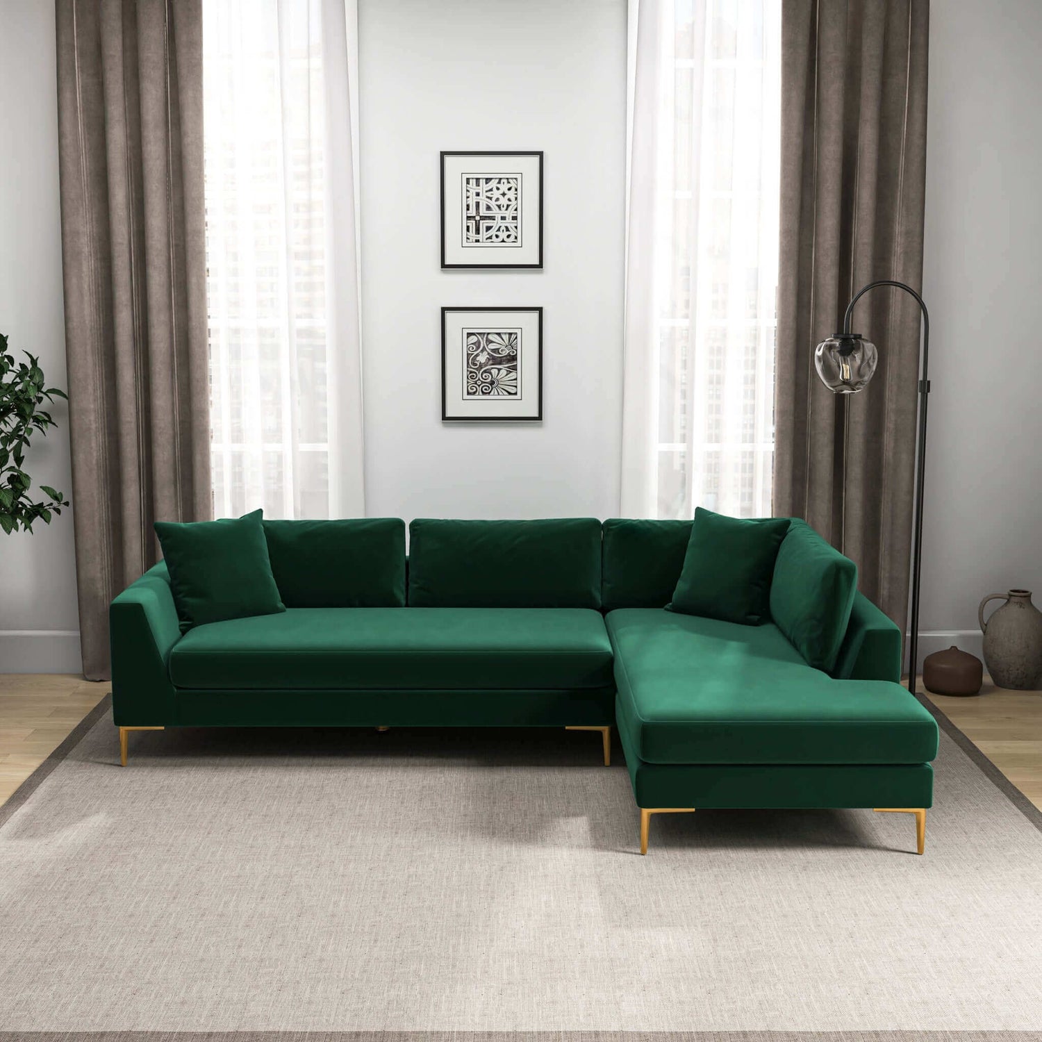 Mano  L-Shaped Velvet Sectional Sofa In Green Right Facing - SEC02101602