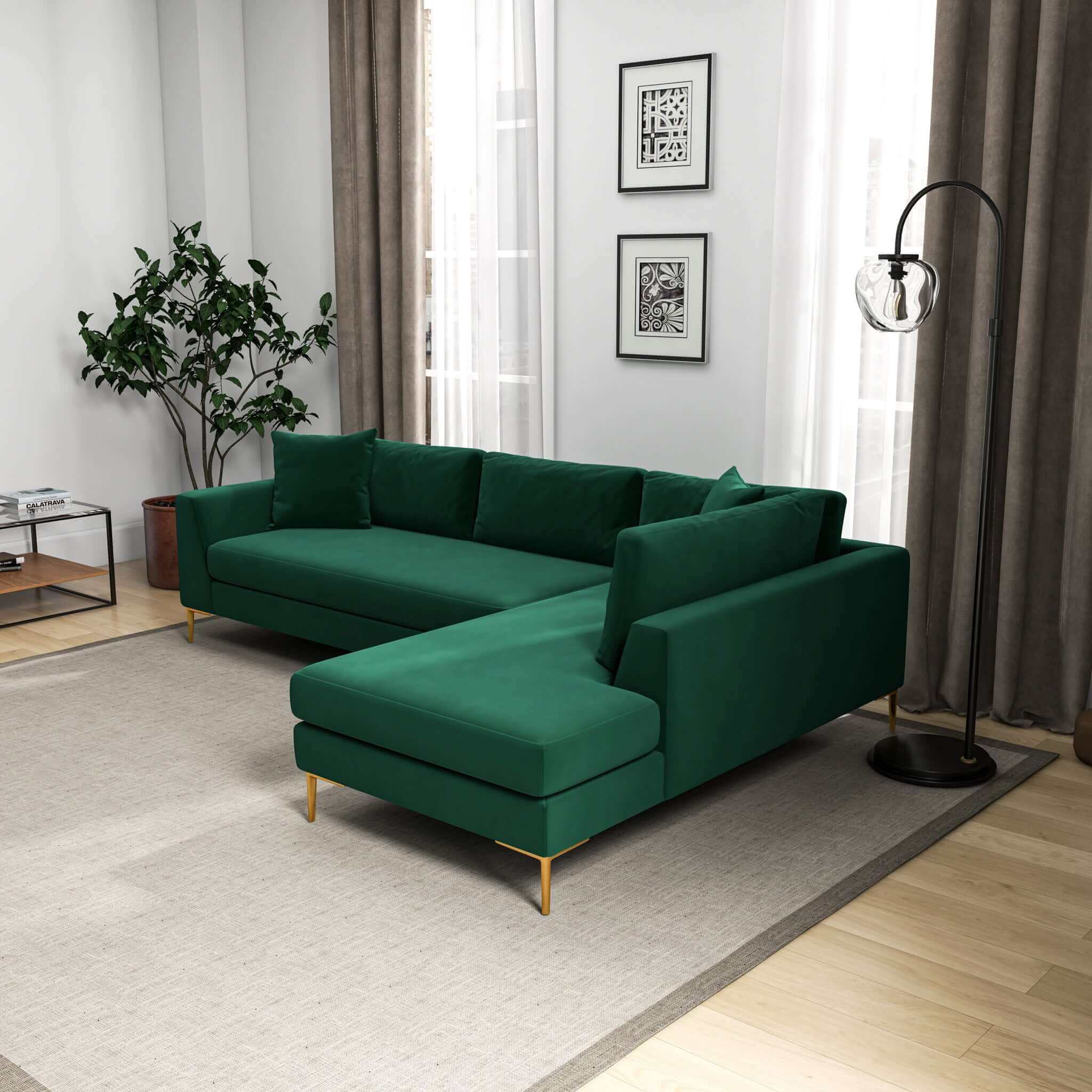 Mano  L-Shaped Velvet Sectional Sofa In Green Right Facing - SEC02101602