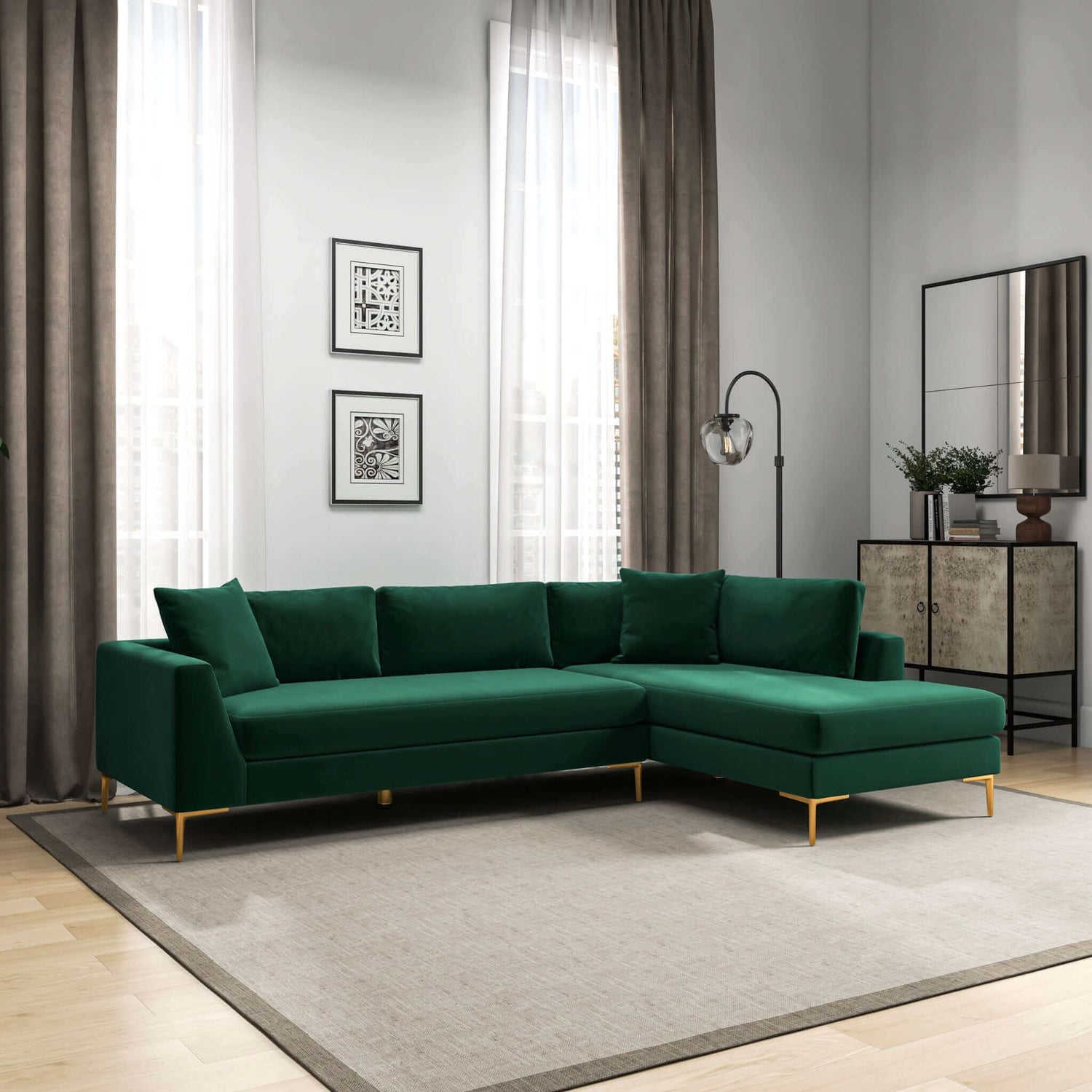 Mano  L-Shaped Velvet Sectional Sofa In Green Right Facing - SEC02101602