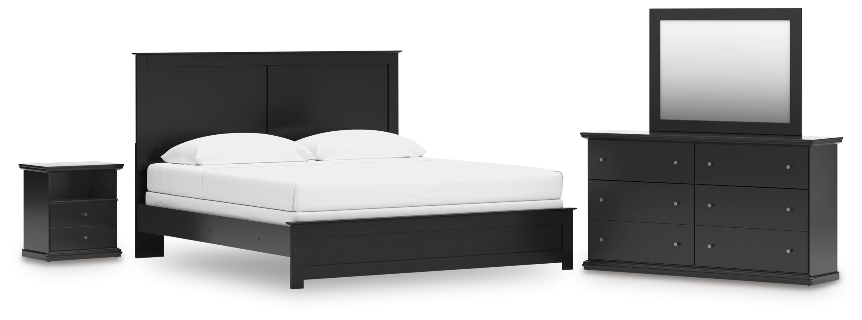 Maribel King Panel Bed with Mirrored Dresser and Nightstand in Black - PKG021550