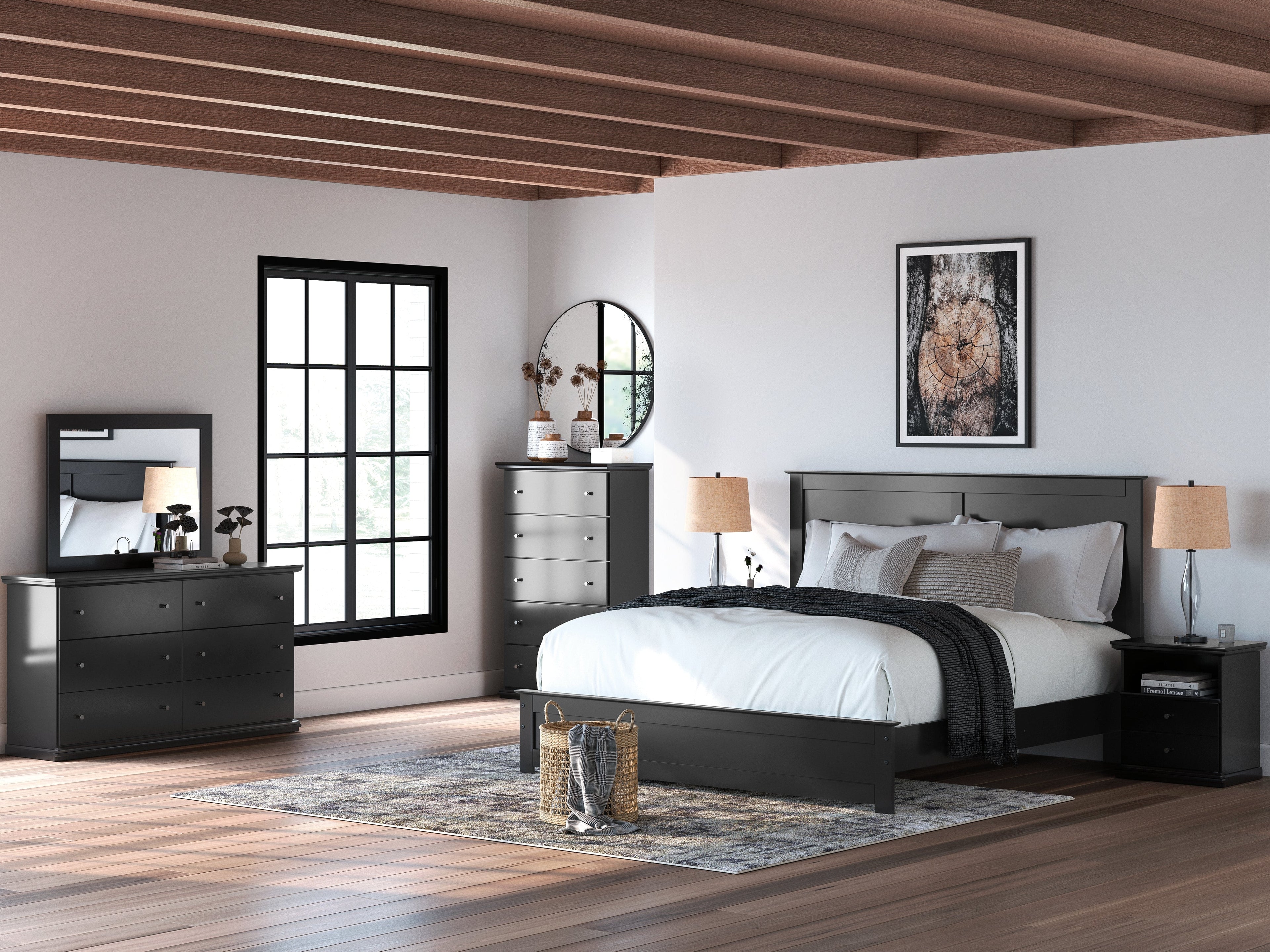 Maribel King Panel Bed with Mirrored Dresser and Nightstand in Black - PKG021550