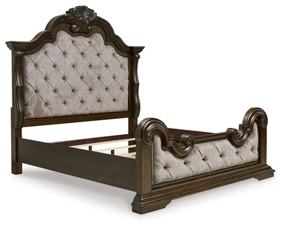 Maylee California King Upholstered Bed with Dresser in Dark Brown - PKG017051