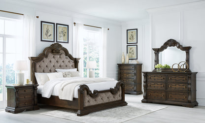 Maylee California King Upholstered Bed with Mirrored Dresser and Nightstand in Dark Brown from Ashley - Luna Furniture
