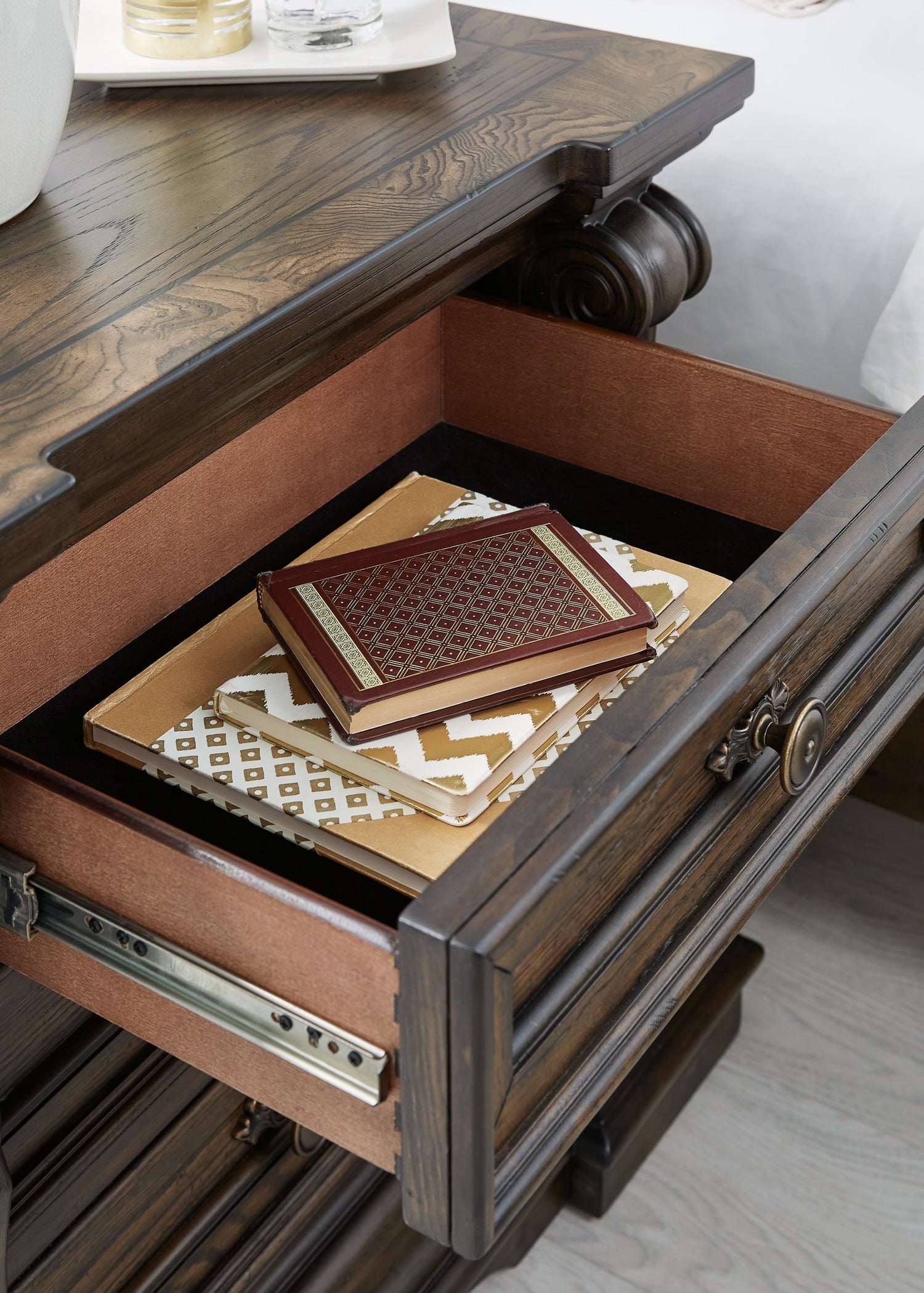 Maylee California King Upholstered Bed with Mirrored Dresser and Nightstand in Dark Brown from Ashley - Luna Furniture