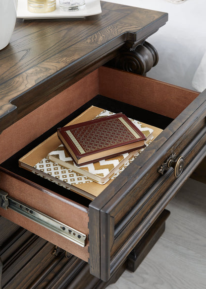 Maylee California King Upholstered Bed with Mirrored Dresser and Nightstand in Dark Brown from Ashley - Luna Furniture