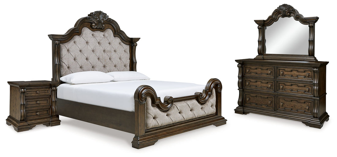 Maylee California King Upholstered Bed with Mirrored Dresser and Nightstand in Dark Brown from Ashley - Luna Furniture