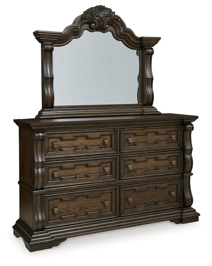 Maylee California King Upholstered Bed with Mirrored Dresser and Nightstand in Dark Brown from Ashley - Luna Furniture
