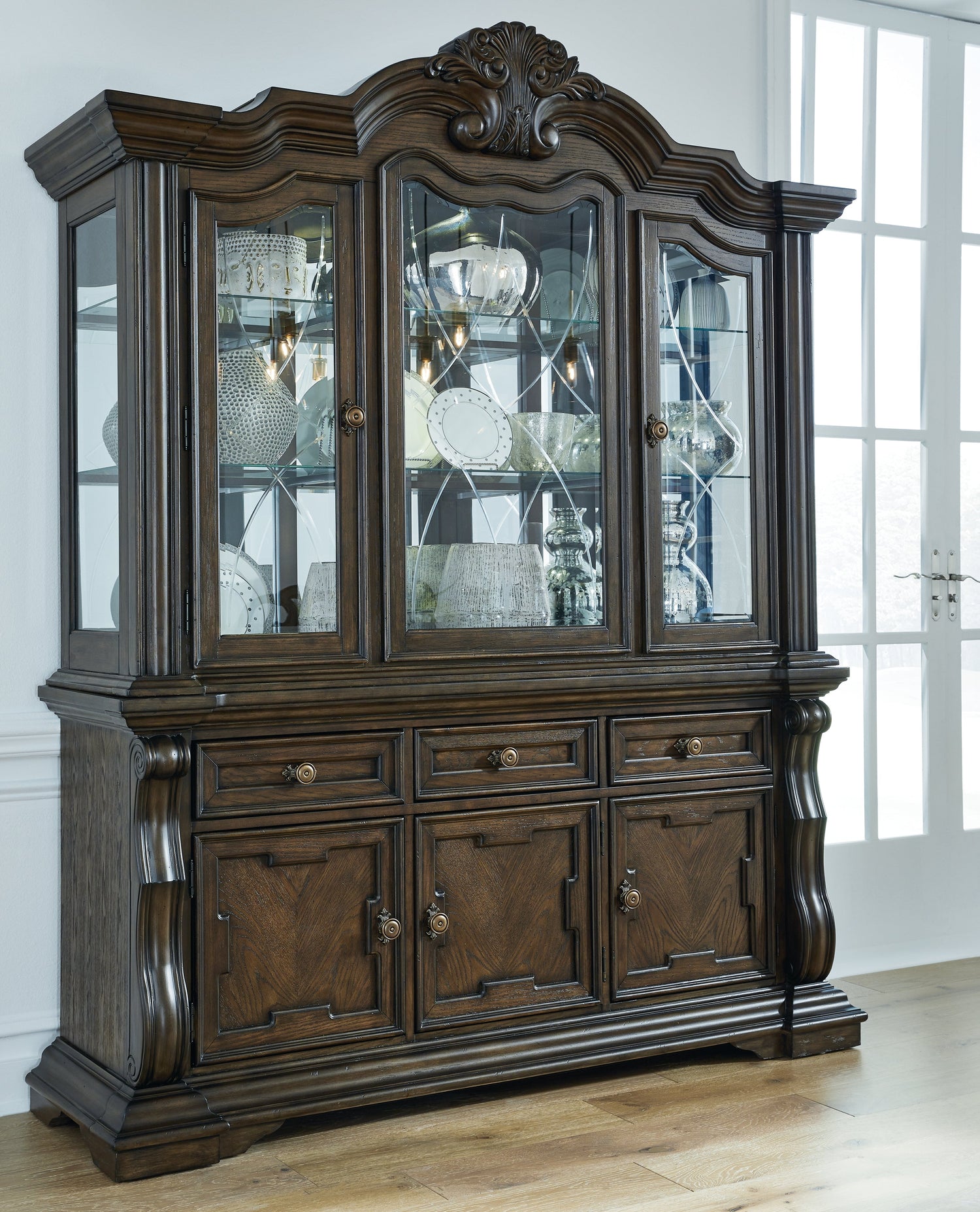 Maylee Dining Table and 6 Chairs with China Cabinet in Dark Brown from Ashley - Luna Furniture