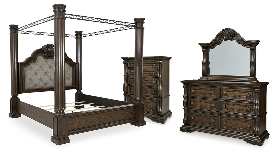 Maylee King Canopy Bed with Mirrored Dresser and Chest in Dark Brown from Ashley - Luna Furniture