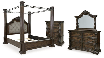 Maylee King Canopy Bed with Mirrored Dresser and Chest in Dark Brown from Ashley - Luna Furniture