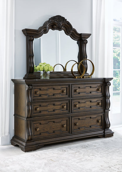 Maylee King Canopy Bed with Mirrored Dresser in Dark Brown from Ashley - Luna Furniture