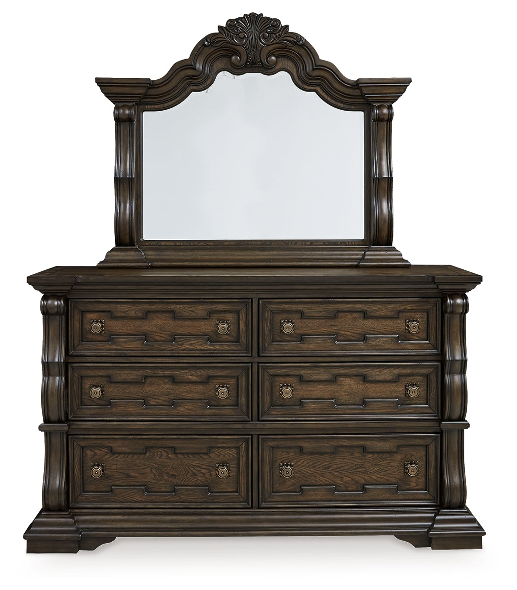 Maylee King Upholstered Bed, Dresser, Mirror and 2 Nightstands - B947B15