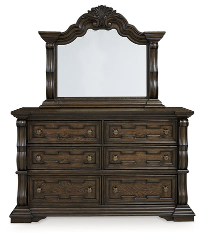 Maylee King Upholstered Bed, Dresser, Mirror and 2 Nightstands - B947B15