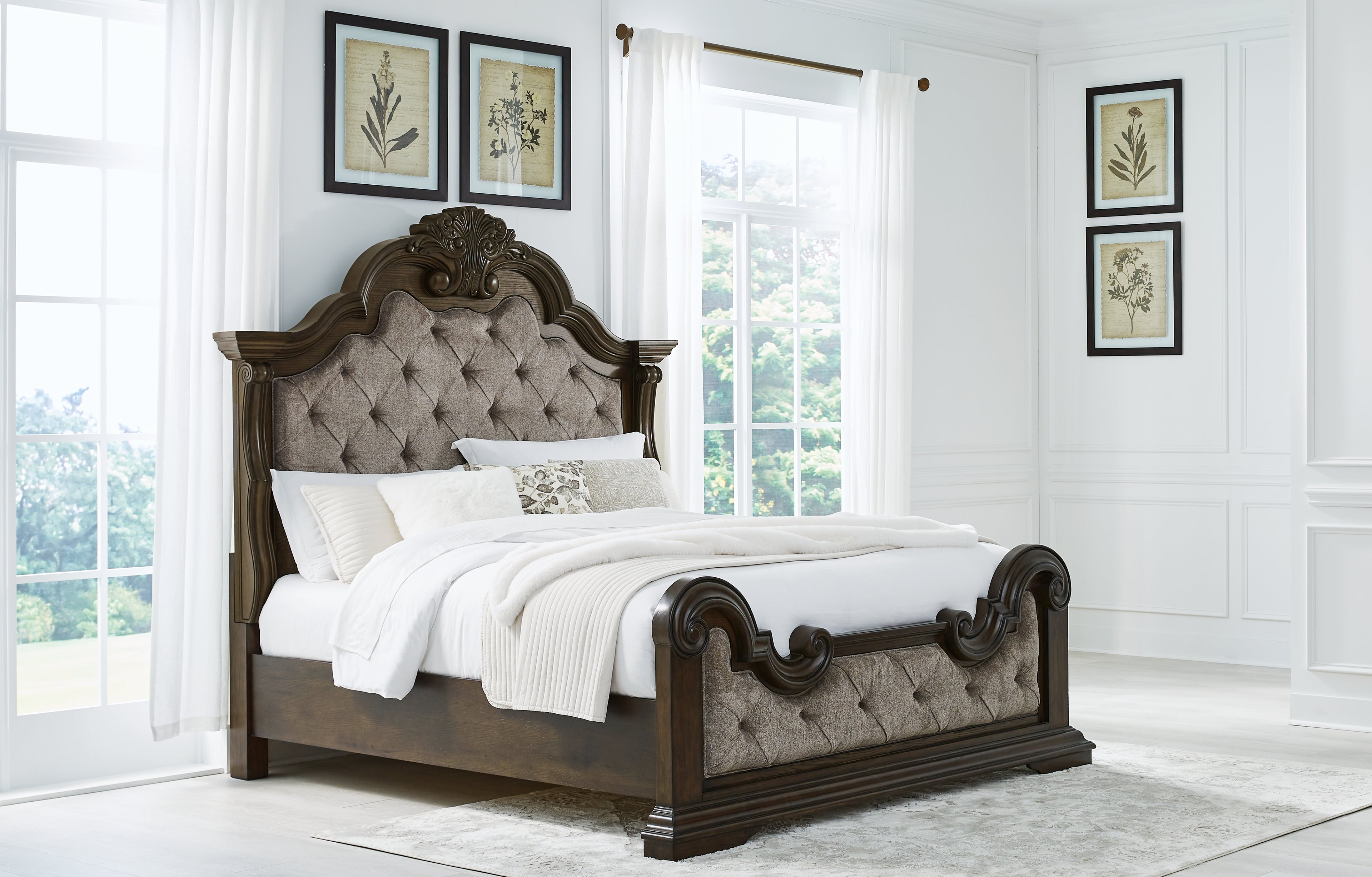 Maylee King Upholstered Bed, Dresser, Mirror and 2 Nightstands - B947B15