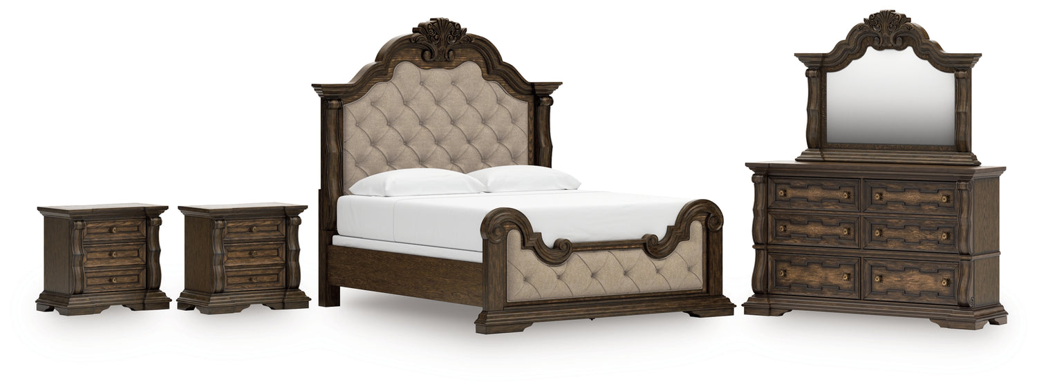Maylee King Upholstered Bed, Dresser, Mirror and 2 Nightstands - B947B15