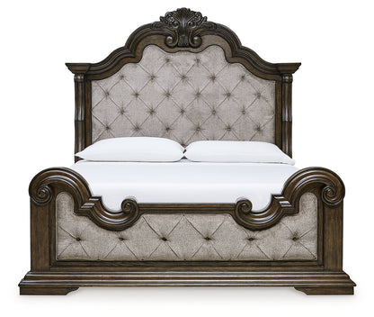 Maylee King Upholstered Bed with Mirrored Dresser in Dark Brown - PKG017045
