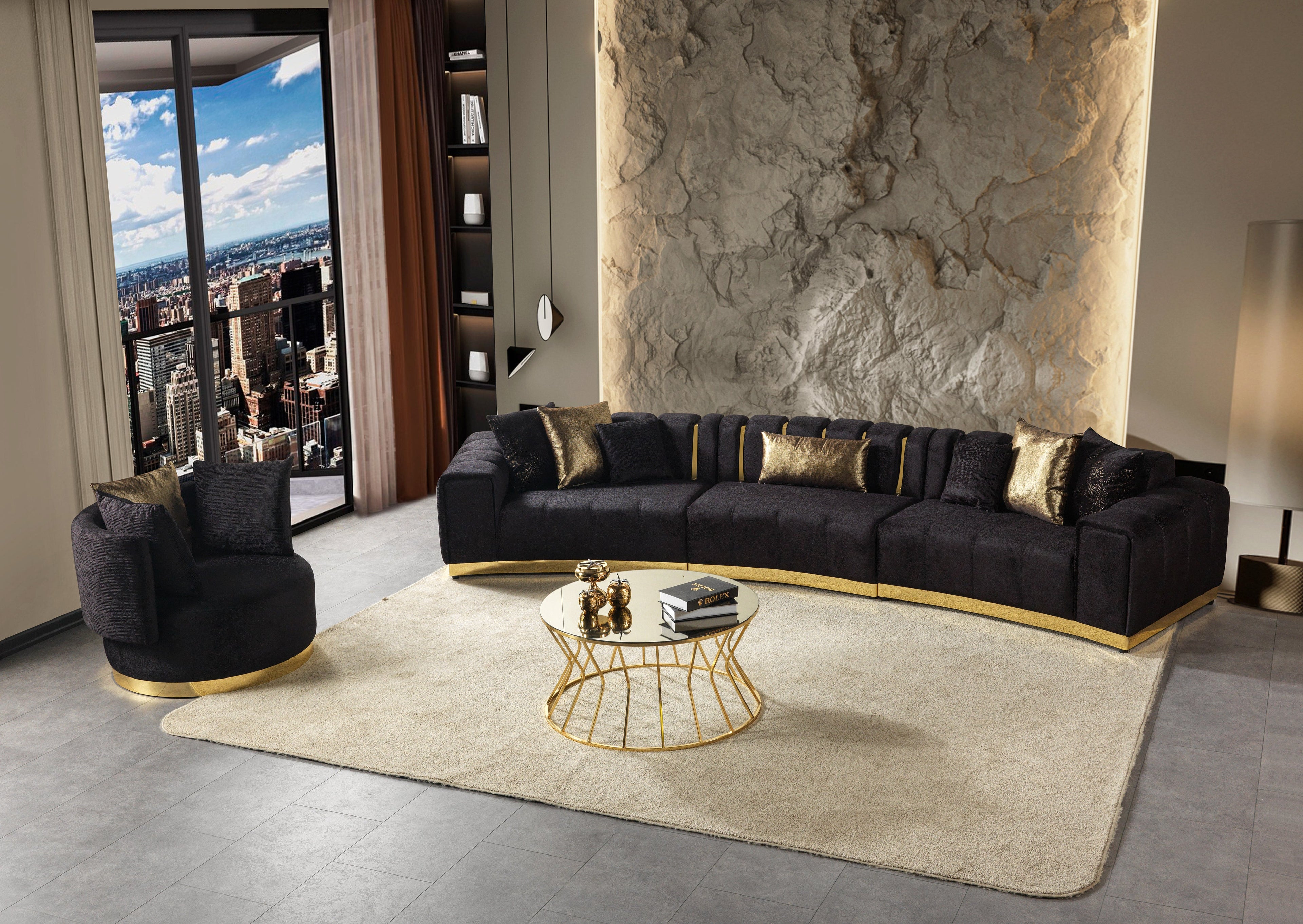 Michelle Black Velvet 3-Piece Curved 165" Sectional [ETA: 3/15] - MICHELLEBK-SEC3