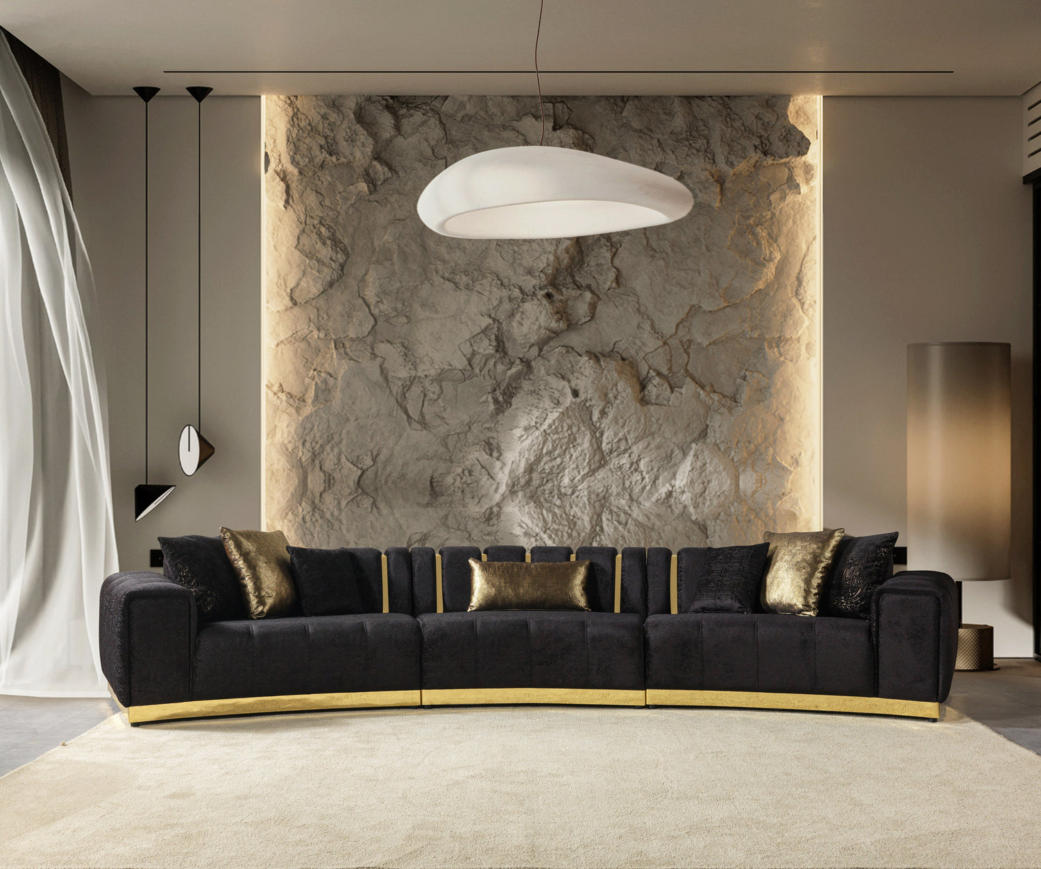 Michelle Black Velvet 3-Piece Curved 165" Sectional [ETA: 3/15] - MICHELLEBK-SEC3
