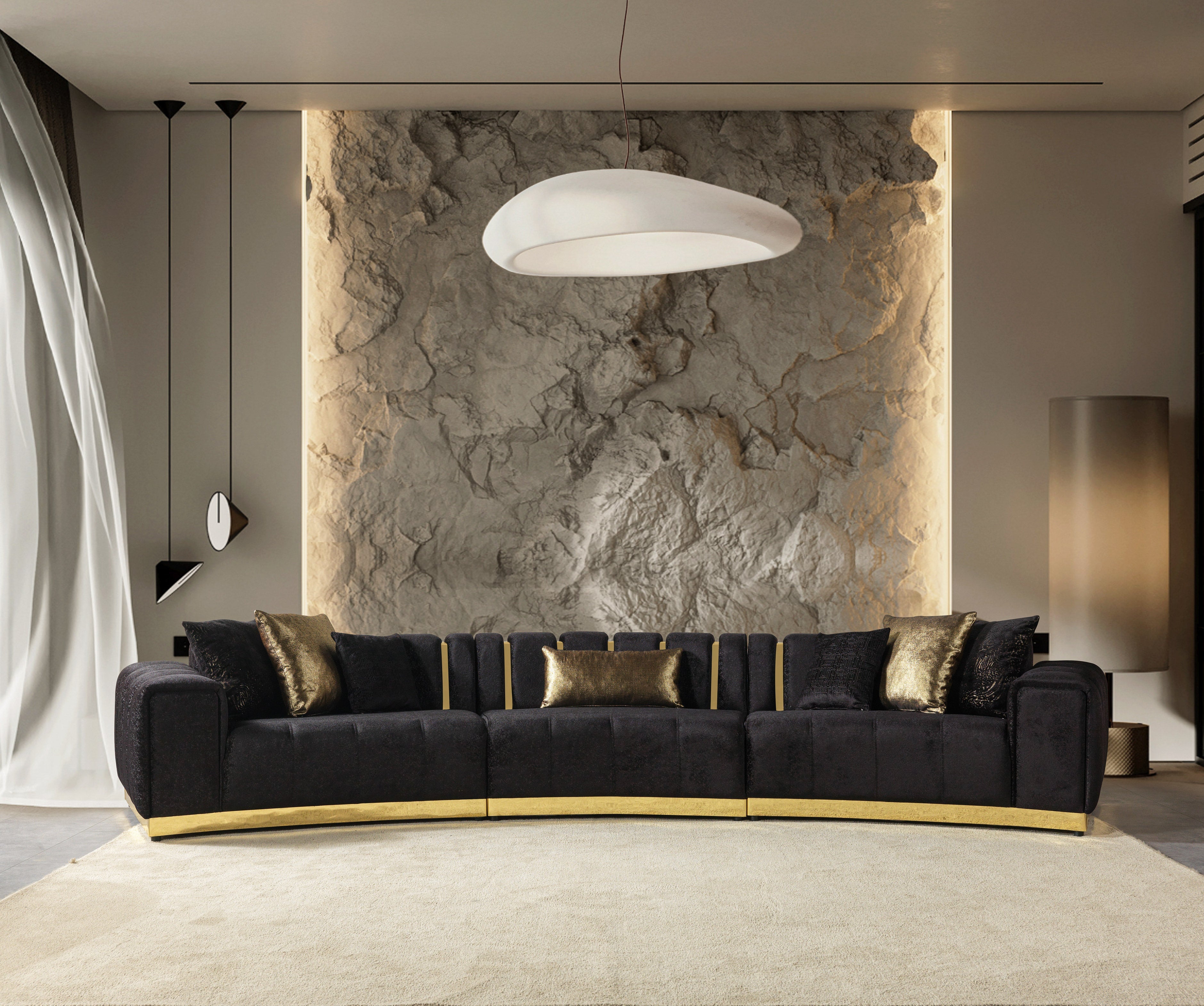 Michelle Black Velvet 3-Piece Curved 165" Sectional [ETA: 3/15] - MICHELLEBK-SEC3